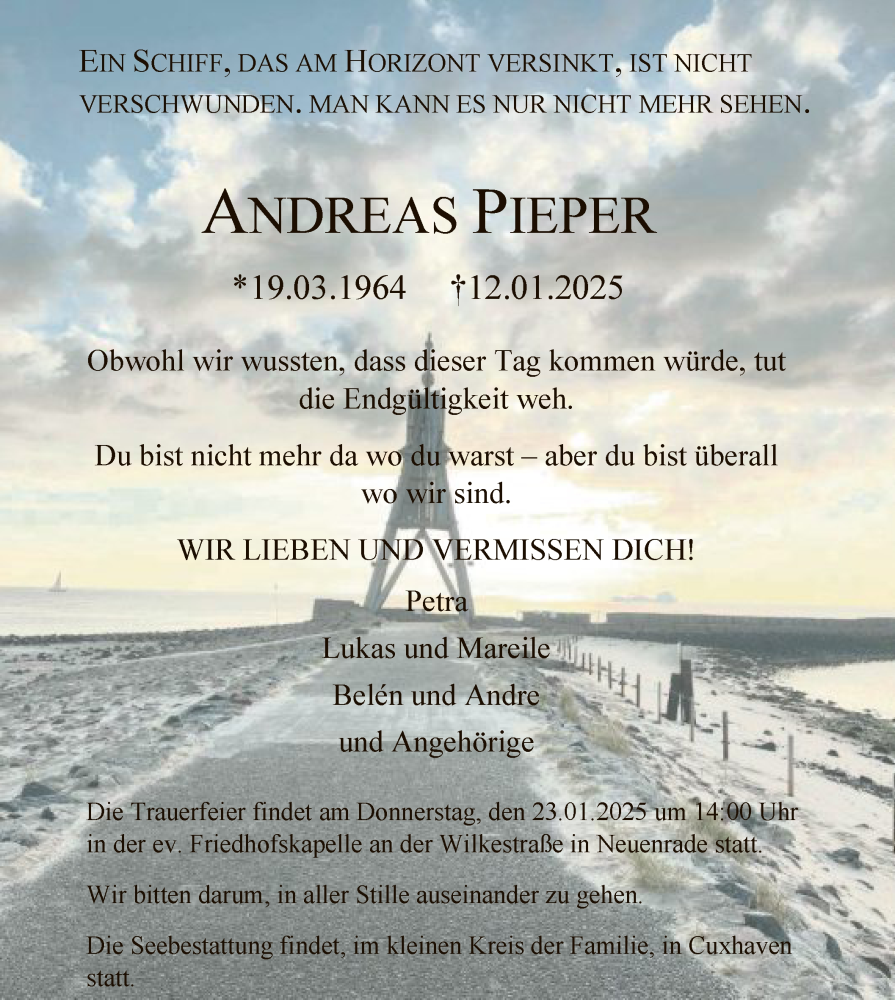 Traueranzeige für Andreas Pieper vom 18.01.2025 aus WA