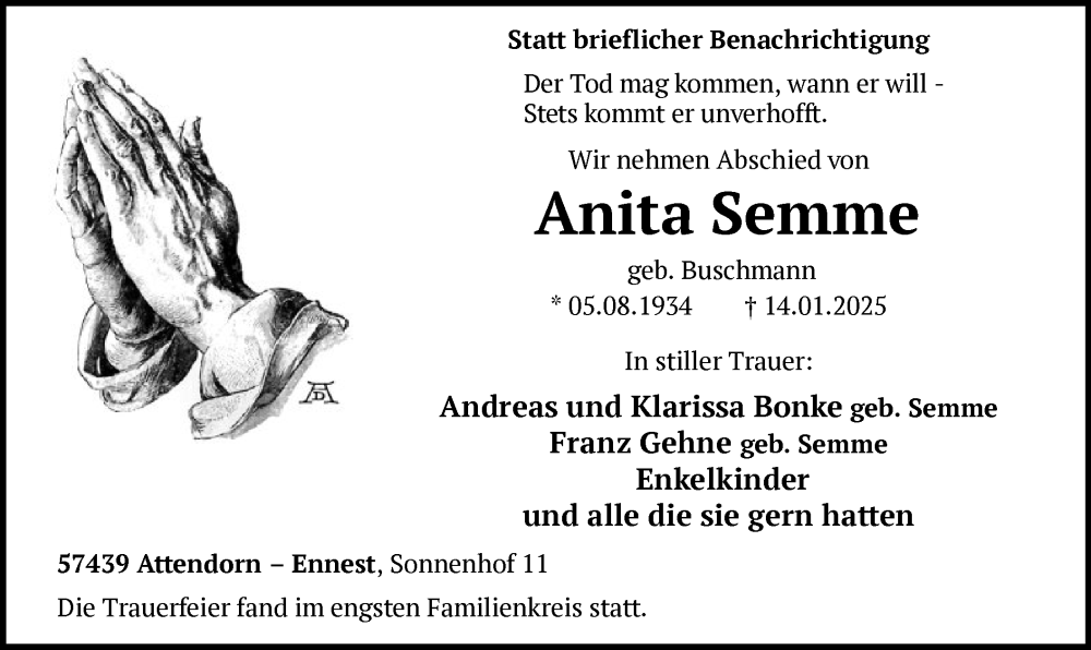  Traueranzeige für Anita Semme vom 25.01.2025 aus WA