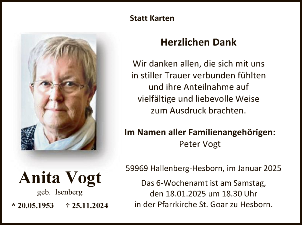  Traueranzeige für Anita Vogt vom 11.01.2025 aus WA