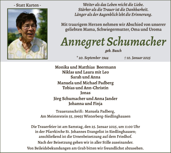 Traueranzeige von Annegret Schumacher von WA