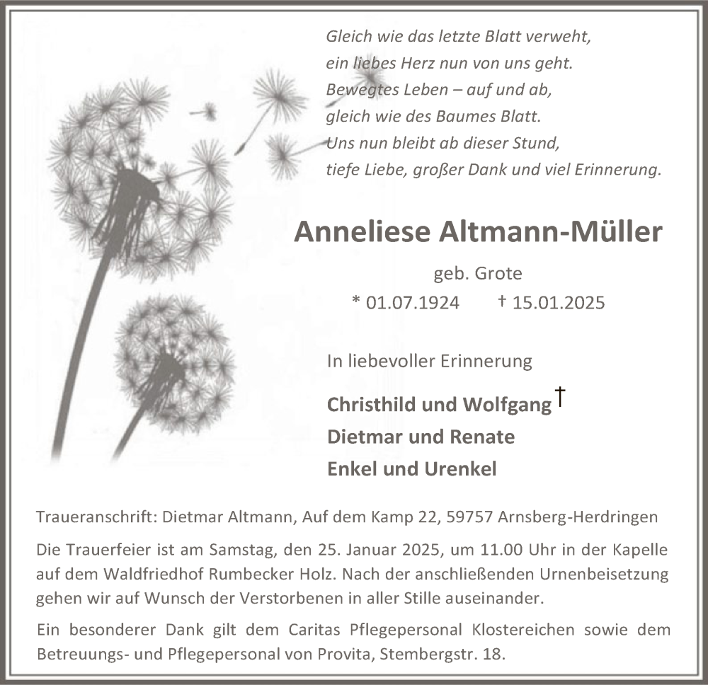  Traueranzeige für Anneliese Altmann-Müller vom 18.01.2025 aus WA