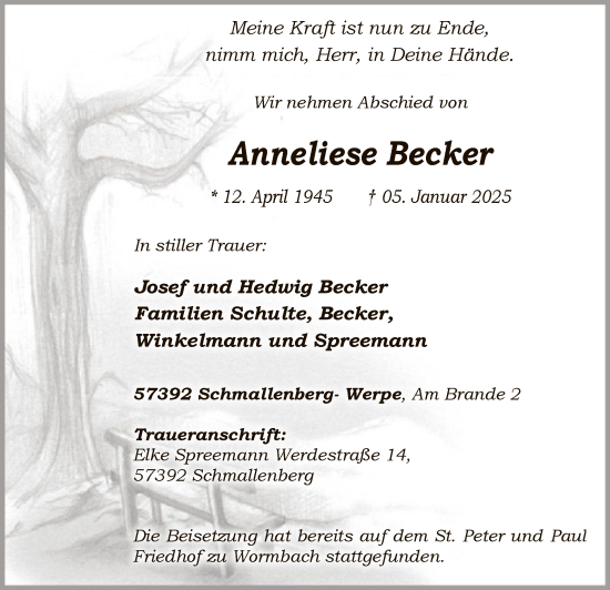 Traueranzeige von Anneliese Becker von WA