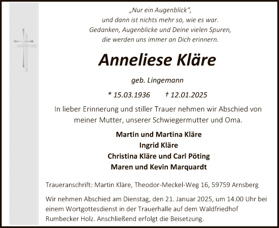Traueranzeige von Anneliese Kläre von WA