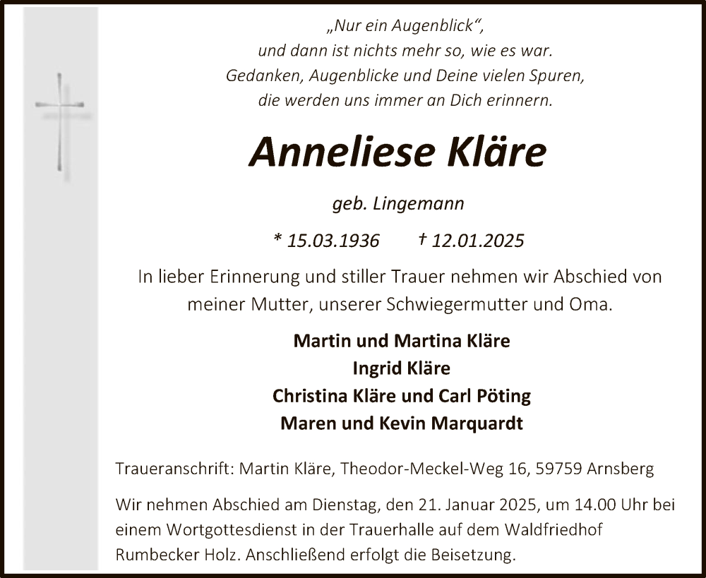  Traueranzeige für Anneliese Kläre vom 18.01.2025 aus WA