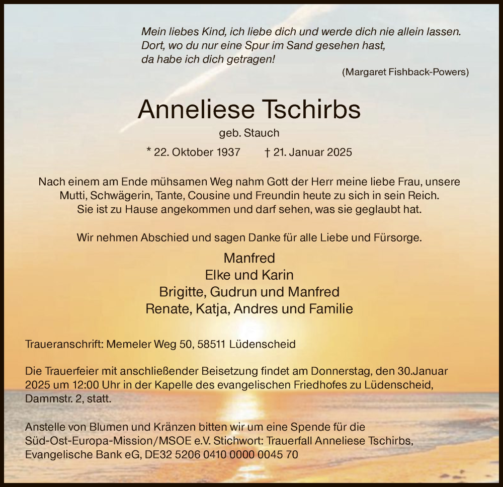  Traueranzeige für Anneliese Tschirbs vom 25.01.2025 aus WA
