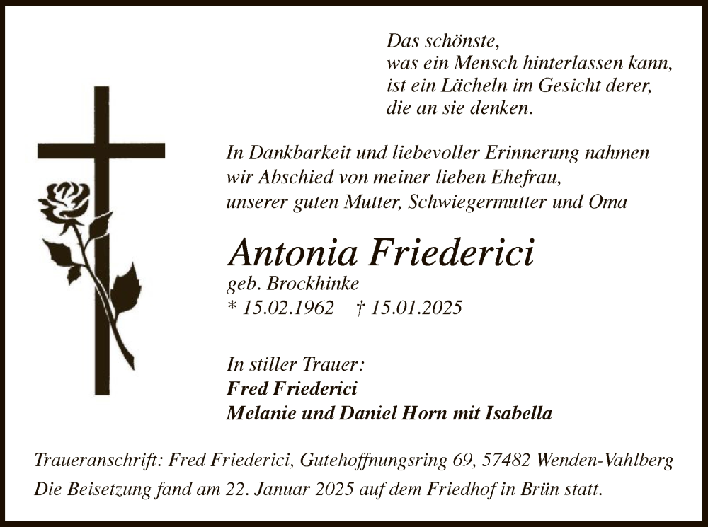  Traueranzeige für Antonia Friederici vom 25.01.2025 aus WA