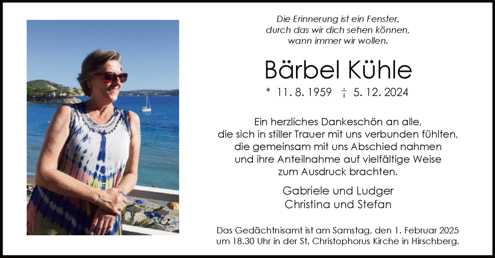  Traueranzeige für Bärbel Kühle vom 25.01.2025 aus WA