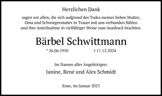Traueranzeige von Bärbel Schwittmann von WA