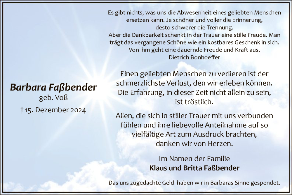  Traueranzeige für Barbara Faßbender vom 11.01.2025 aus WA