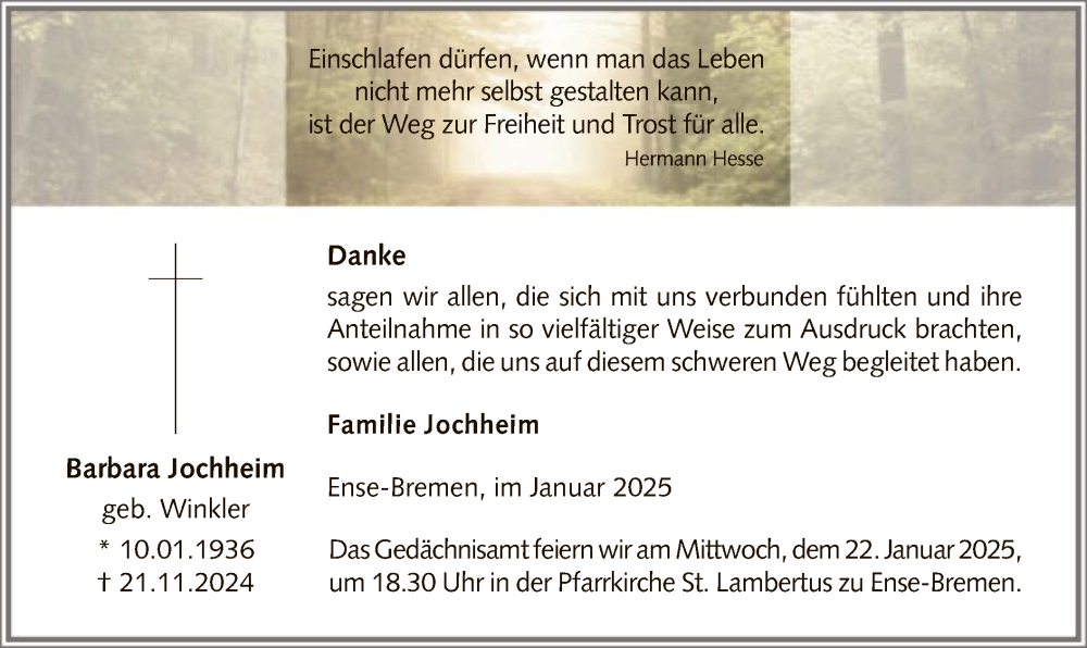  Traueranzeige für Barbara Jochheim vom 18.01.2025 aus WA