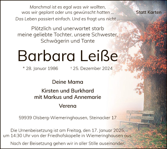 Traueranzeige von Barbara Leiße von WA