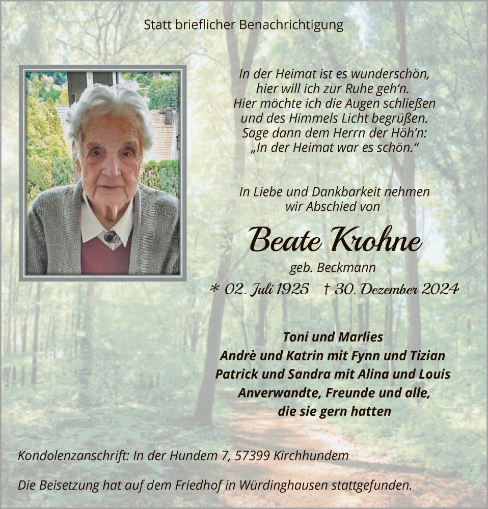  Traueranzeige für Beate Krohne vom 11.01.2025 aus WA