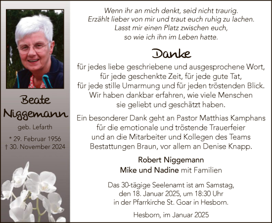 Traueranzeige von Beate Niggemann von WA