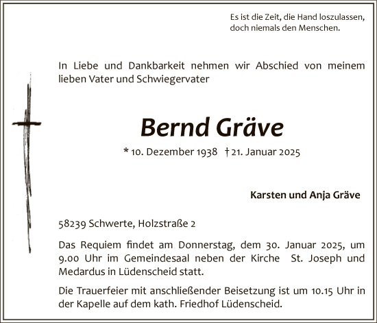 Traueranzeige von Bernd Gräve von WA