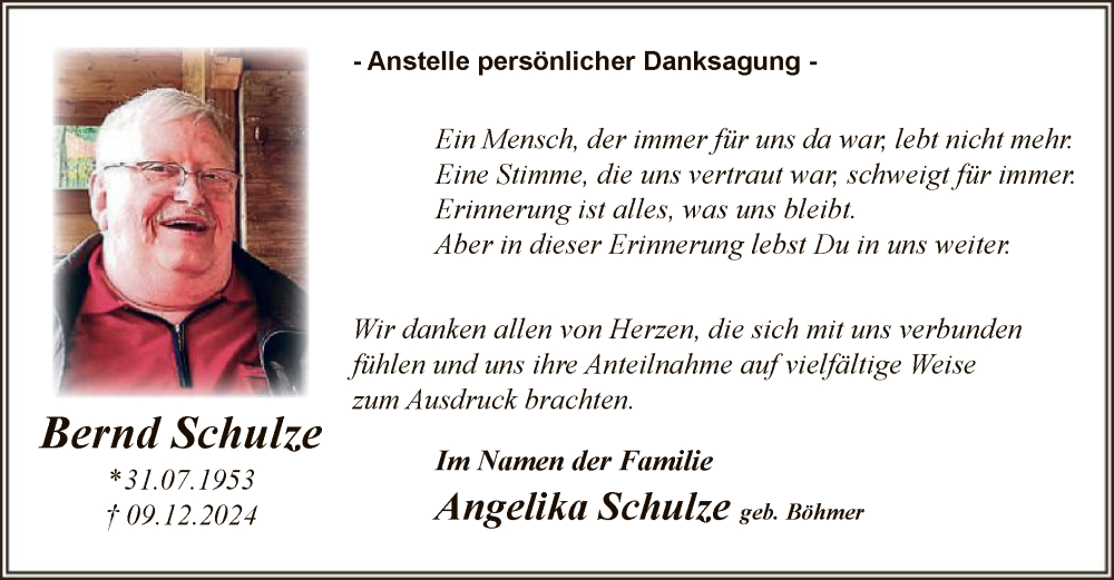  Traueranzeige für Bernd Schulze vom 18.01.2025 aus WA