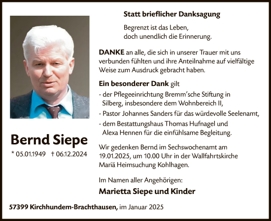 Traueranzeige von Bernd Siepe von WA