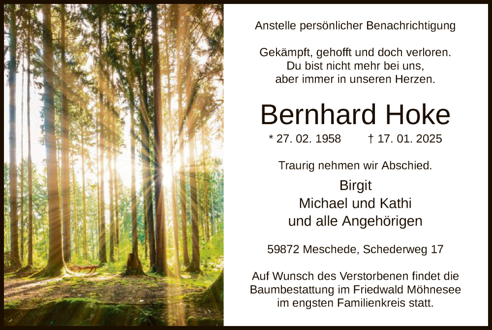  Traueranzeige für Bernhard Hoke vom 25.01.2025 aus WA