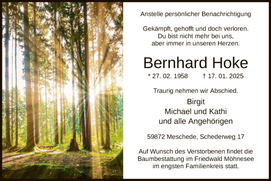 Traueranzeige von Bernhard Hoke von WA