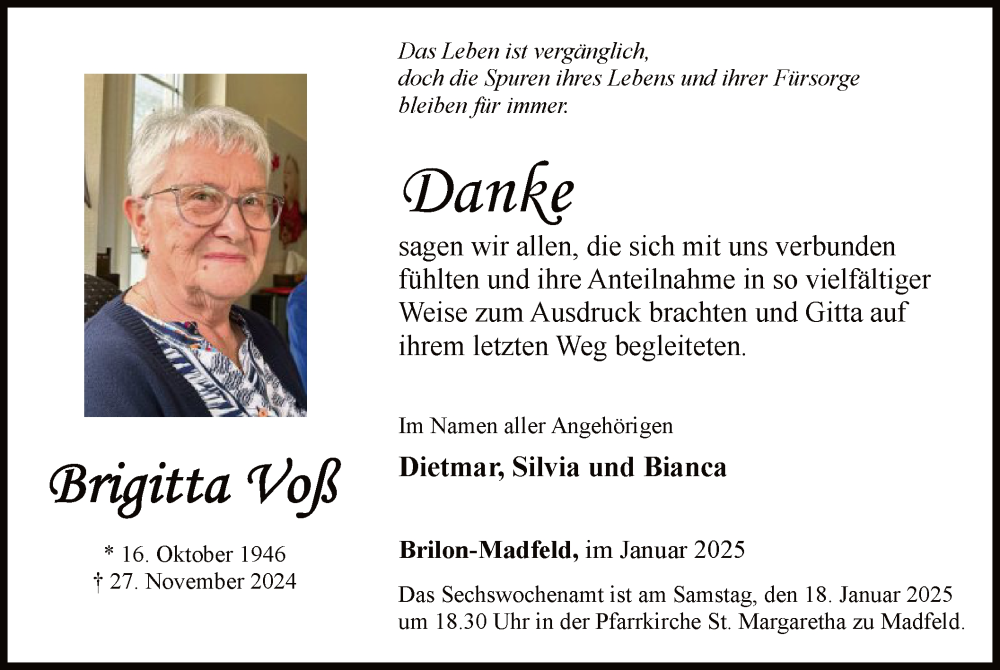  Traueranzeige für Brigitta Voß vom 11.01.2025 aus WA