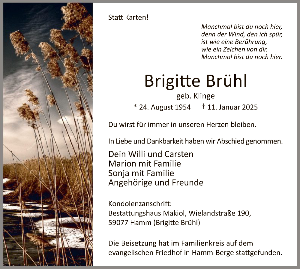  Traueranzeige für Brigitte Brühl vom 25.01.2025 aus WA