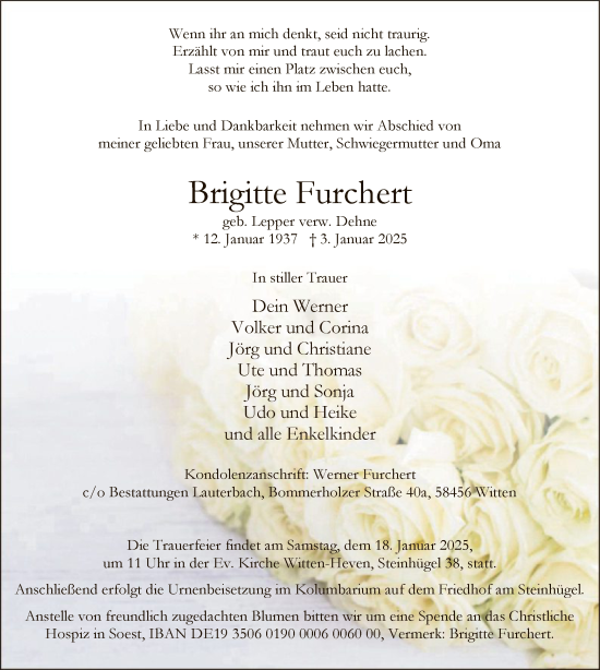 Traueranzeige von Brigitte Furchert von WA