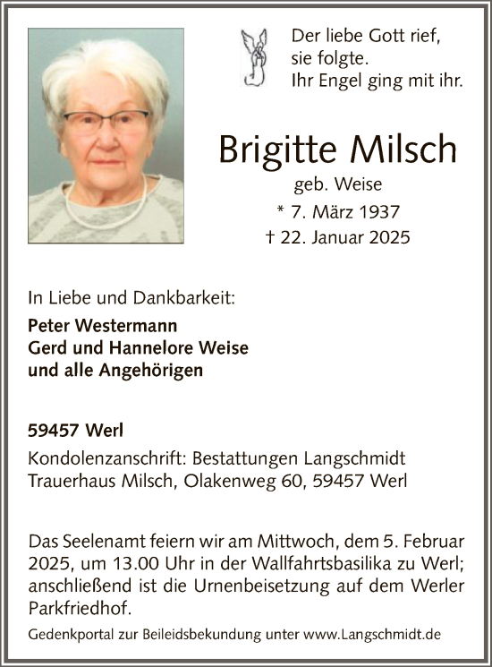 Traueranzeige von Brigitte Milsch von WA