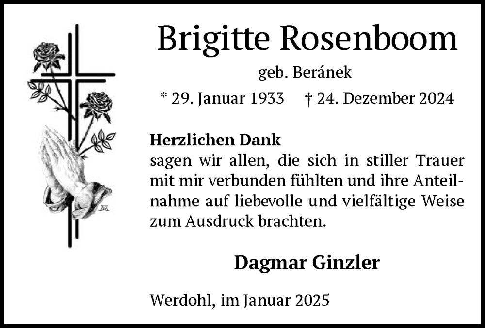  Traueranzeige für Brigitte Rosenboom vom 25.01.2025 aus WA
