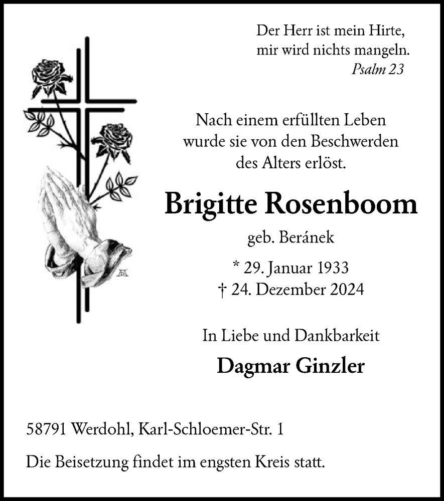  Traueranzeige für Brigitte Rosenboom vom 04.01.2025 aus WA
