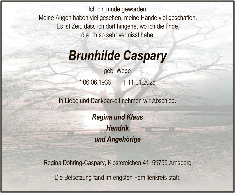  Traueranzeige für Brunhilde Caspary vom 25.01.2025 aus WA