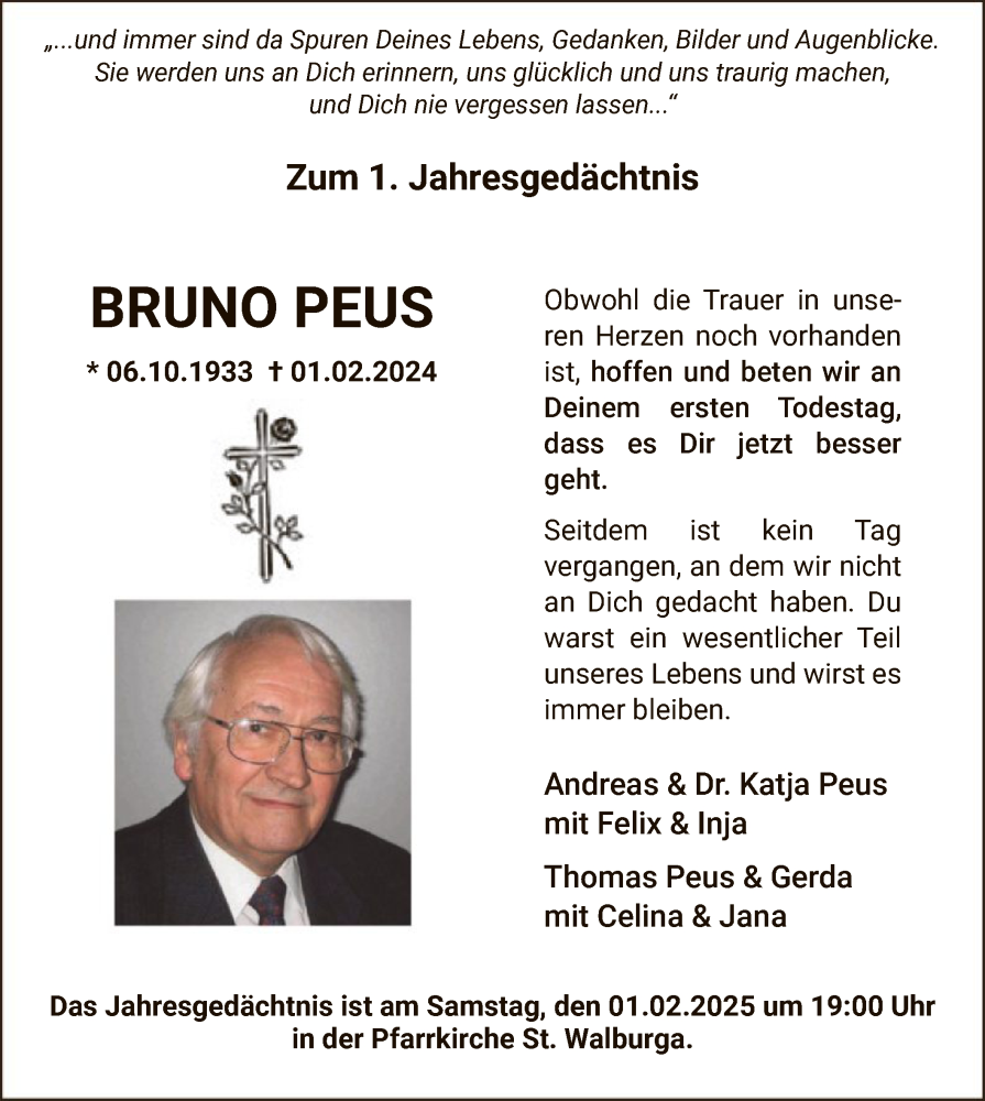  Traueranzeige für Bruno Peus vom 25.01.2025 aus WA