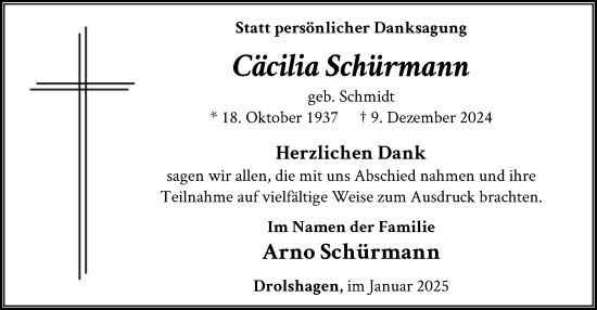 Traueranzeige von Cäcilia Schürmann von WA