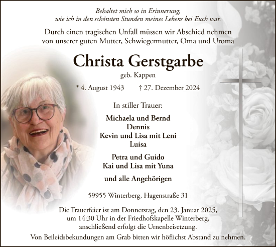 Traueranzeige von Christa Gerstgarbe von WA