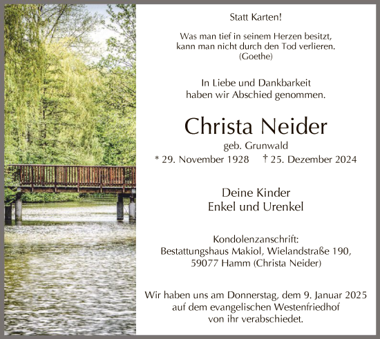 Traueranzeige von Christa Neider von WA