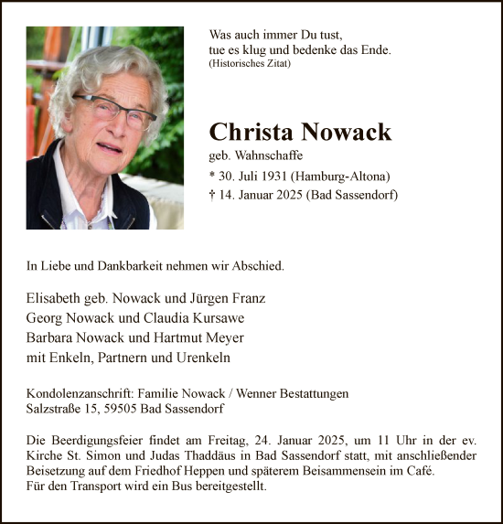 Traueranzeige von Christa Nowack von WA