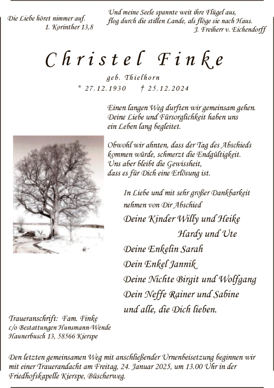 Traueranzeige von Christel Finke von WA