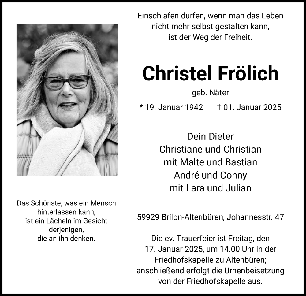  Traueranzeige für Christel Frölich vom 11.01.2025 aus WA