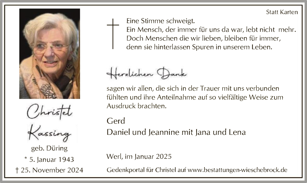  Traueranzeige für Christel Kassing vom 11.01.2025 aus WA