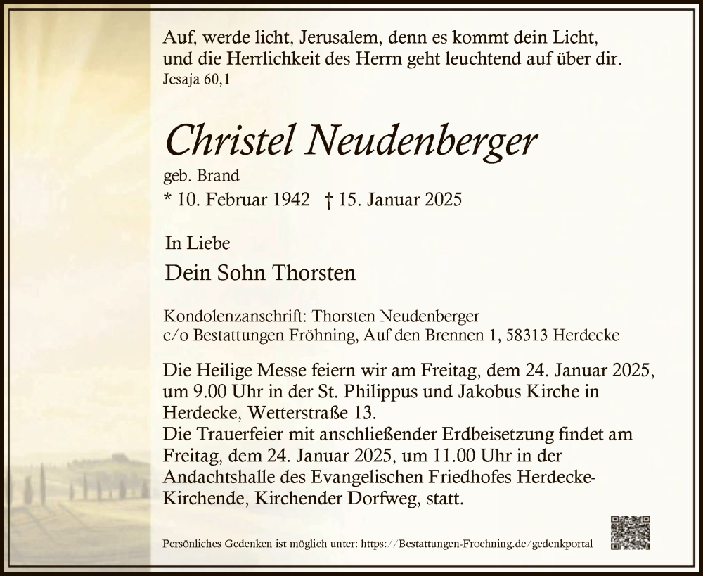  Traueranzeige für Christel Neudenberger vom 18.01.2025 aus WA