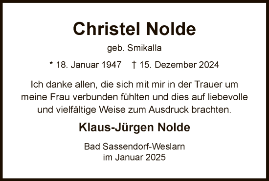 Traueranzeige von Christel Nolde von WA