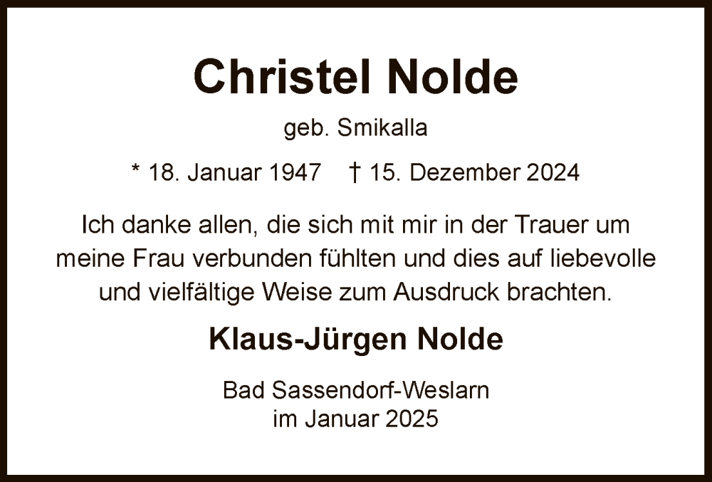  Traueranzeige für Christel Nolde vom 25.01.2025 aus WA