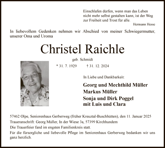 Traueranzeige von Christel Raichle von WA