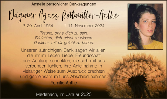 Traueranzeige von Dagmar Agnes Rottmüller-Anthe von WA