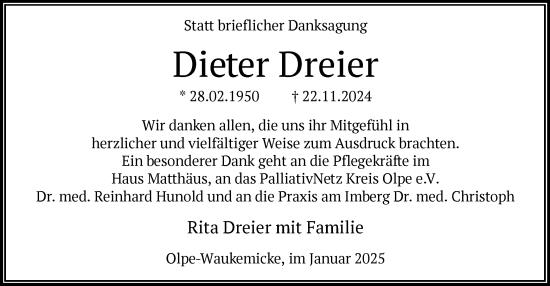 Traueranzeige von Dieter Dreier von WA