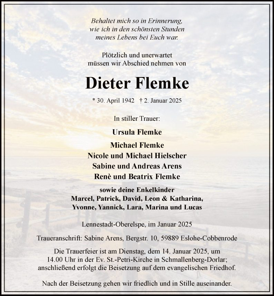  Traueranzeige für Dieter Flemke vom 11.01.2025 aus WA