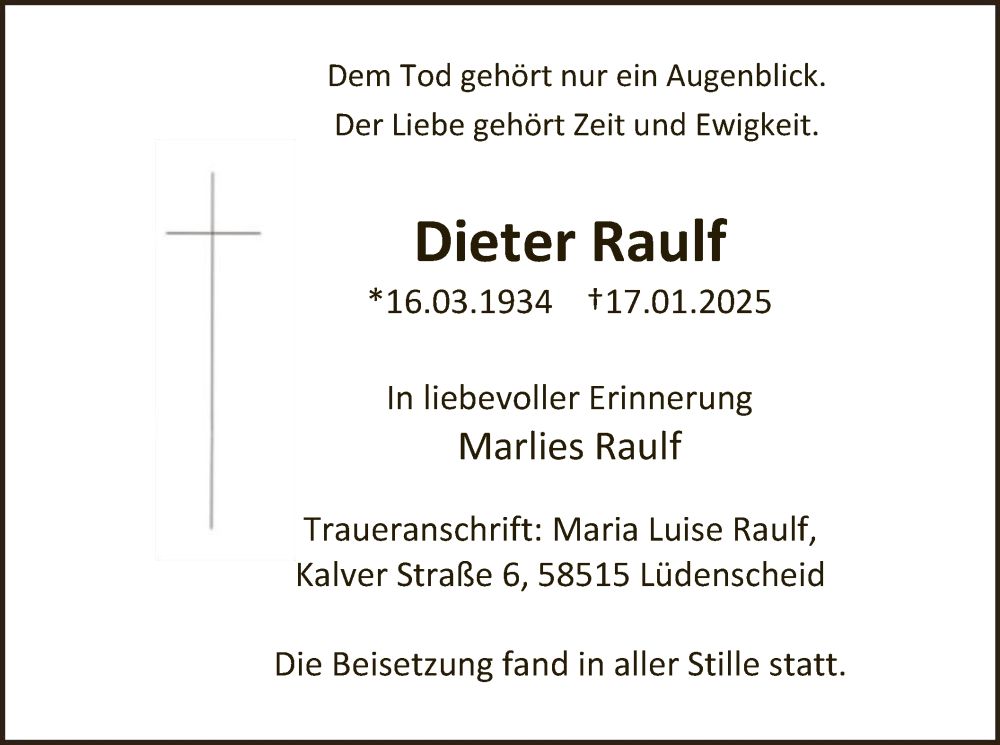  Traueranzeige für Dieter Raulf vom 25.01.2025 aus WA