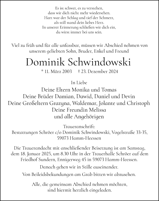 Traueranzeige von Dominik Schwindowski von WA