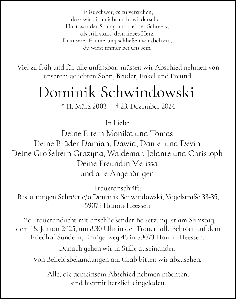  Traueranzeige für Dominik Schwindowski vom 15.01.2025 aus WA