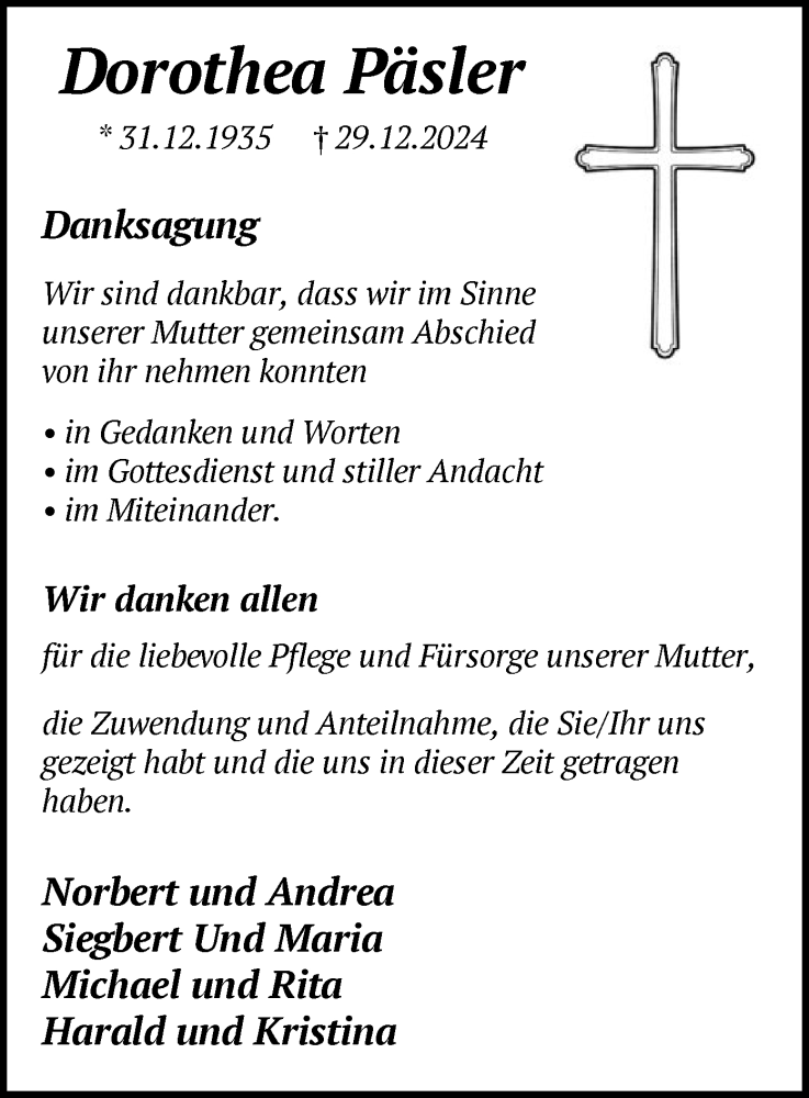  Traueranzeige für Dorothea Päsler vom 18.01.2025 aus WA