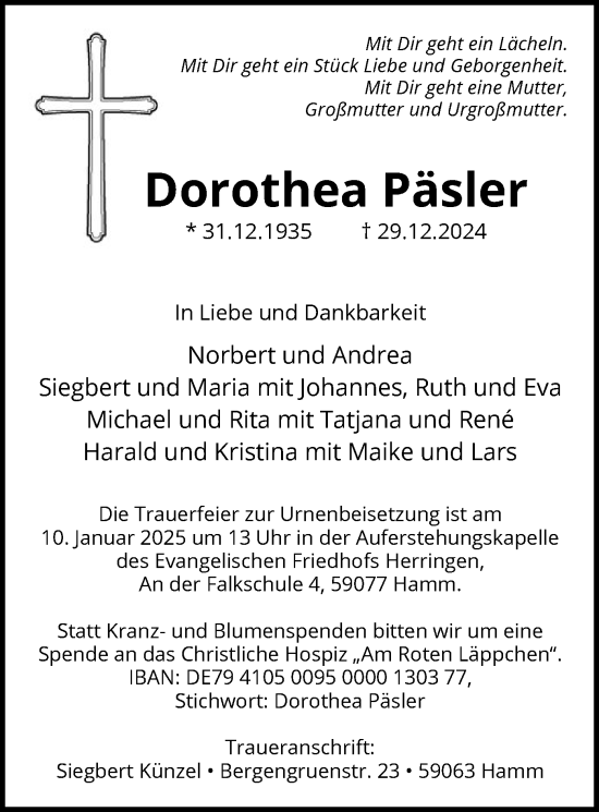 Traueranzeige von Dorothea Päsler von WA