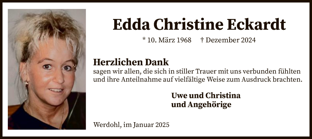  Traueranzeige für Edda Christine Eckardt vom 25.01.2025 aus WA